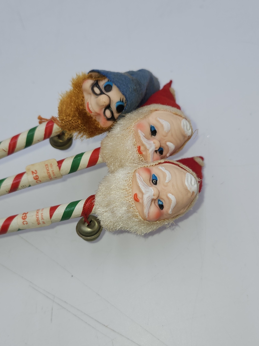 Lot of 3 Vintage Holiday Elf Santa  Candy Cane Stick pencils toppers